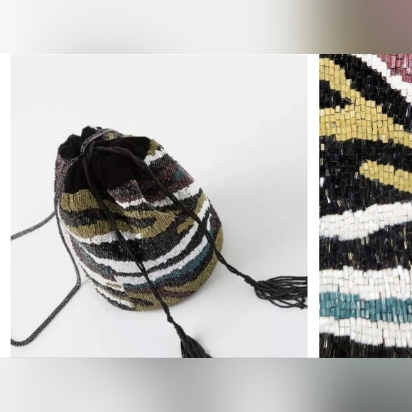 Zara Beaded Safari Velvet Bucket Bag Crossbody Multicoloured Tassels Beaded - Picture 1 of 12